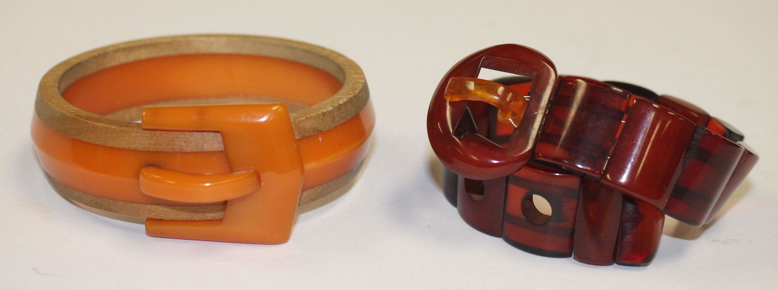 2 Vintage Bakelite belt form bracelets - 1 orange w (1 of 3)