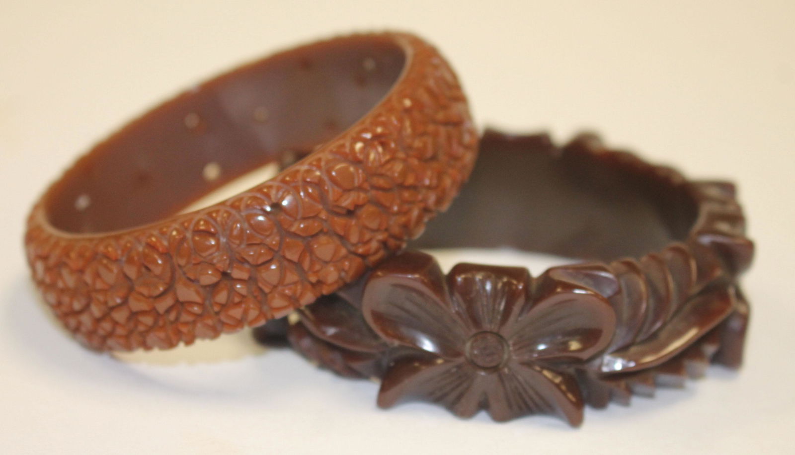 2 Vintage Bakelite carved brown bangle bracelets - 3" - (1 of 3)