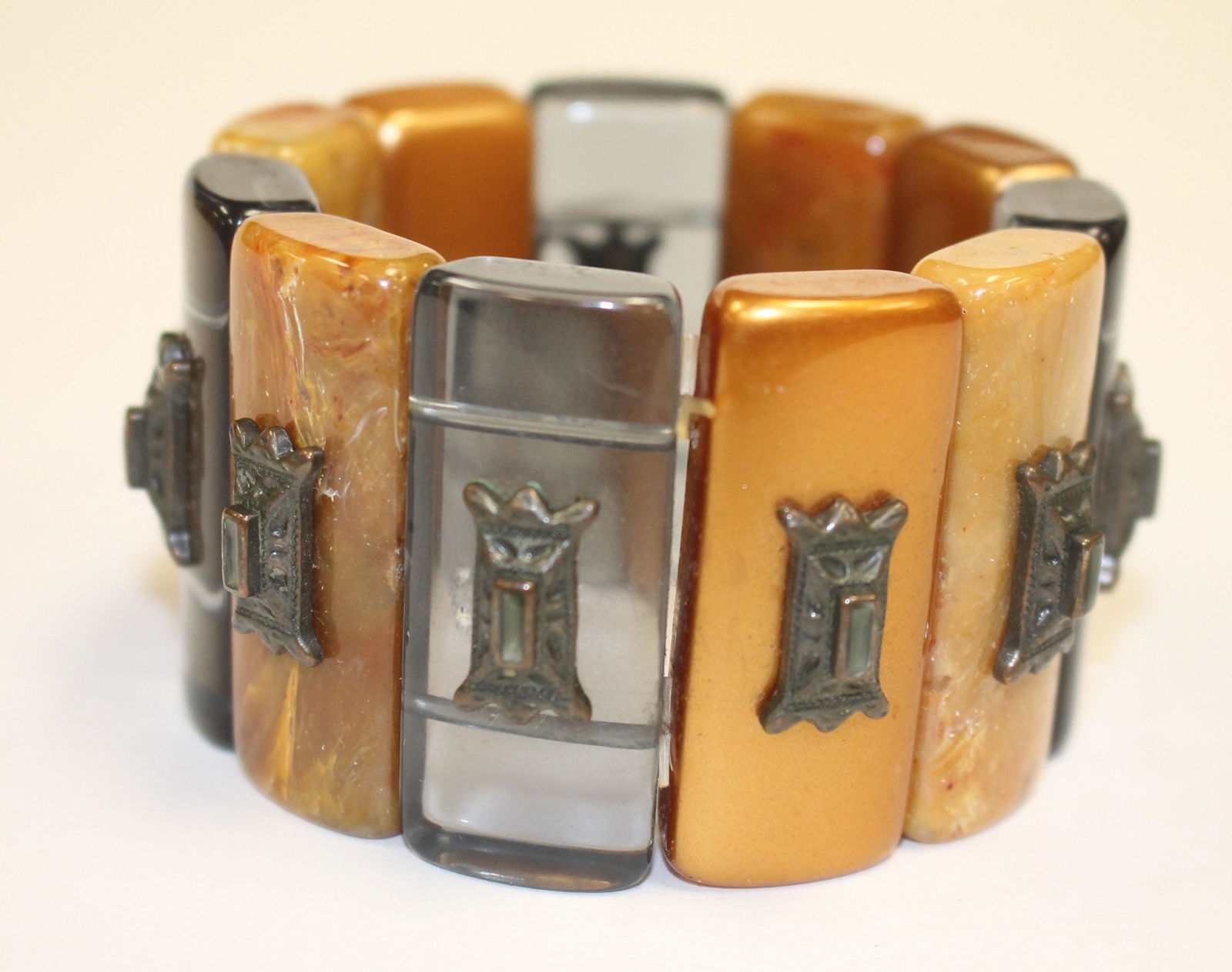 Vintage Bakelite stretch bracelet w applied metal dec - (1 of 2)