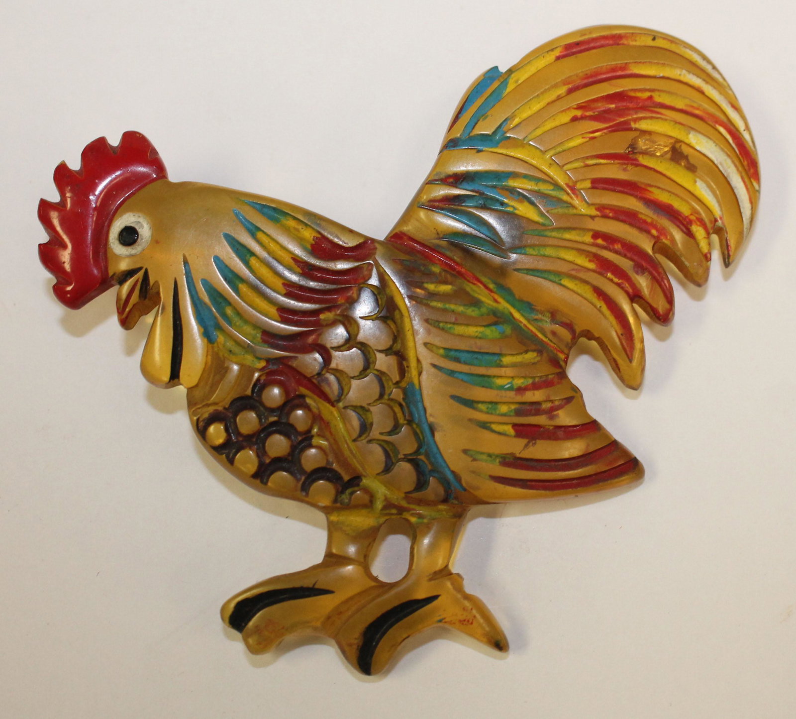 Repro Bakelite applejuice w paint dec Rooster pin - 3: Reproduction Bakelite applejuice w paint dec Rooster pin - 3 1/2" wide x 3" tall