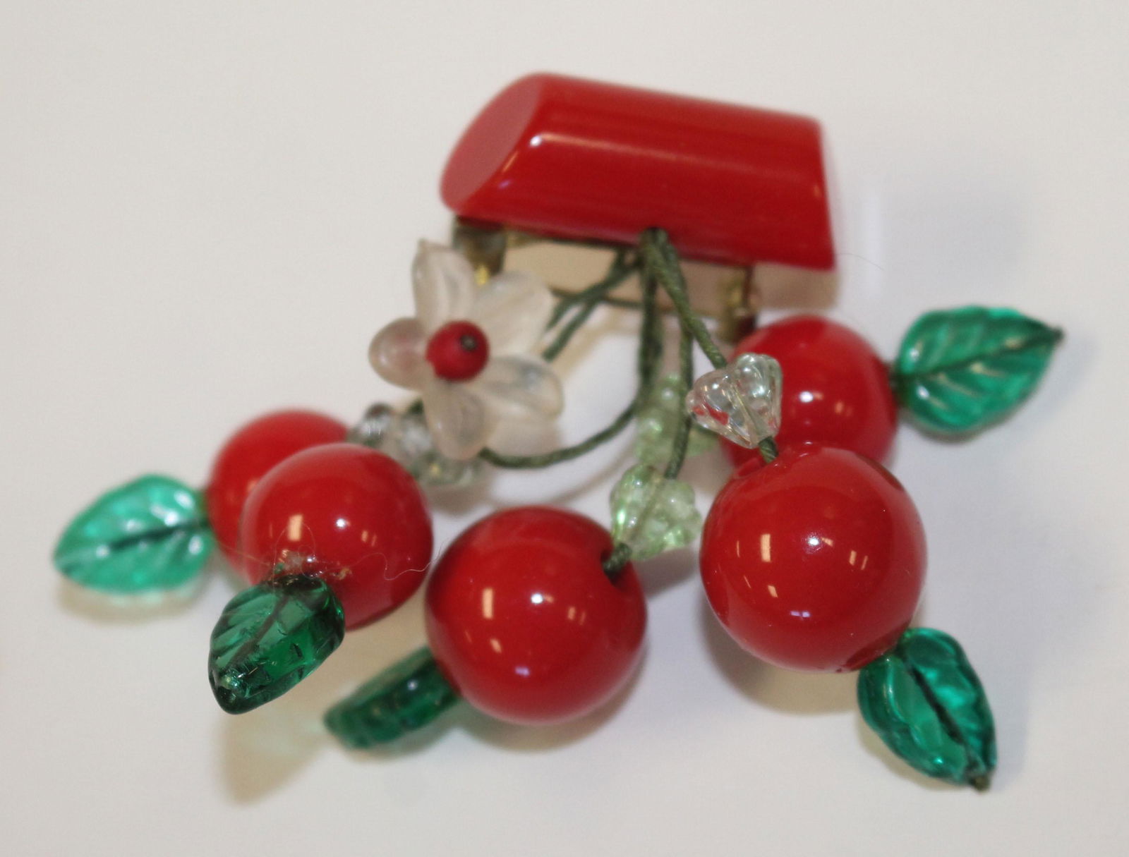 Vintage Bakelite carved cherries & blossom dangly pin - (1 of 2)
