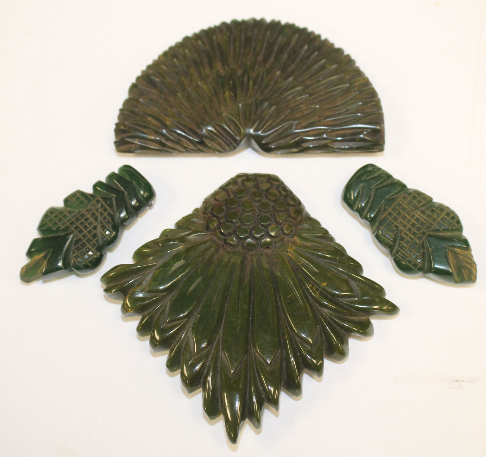 4 Vintage Bakelite marbled green carved pins & clips -: 4 Vintage Bakelite marbled green carved pins & clips - 1 3/4" - 3 1/2"