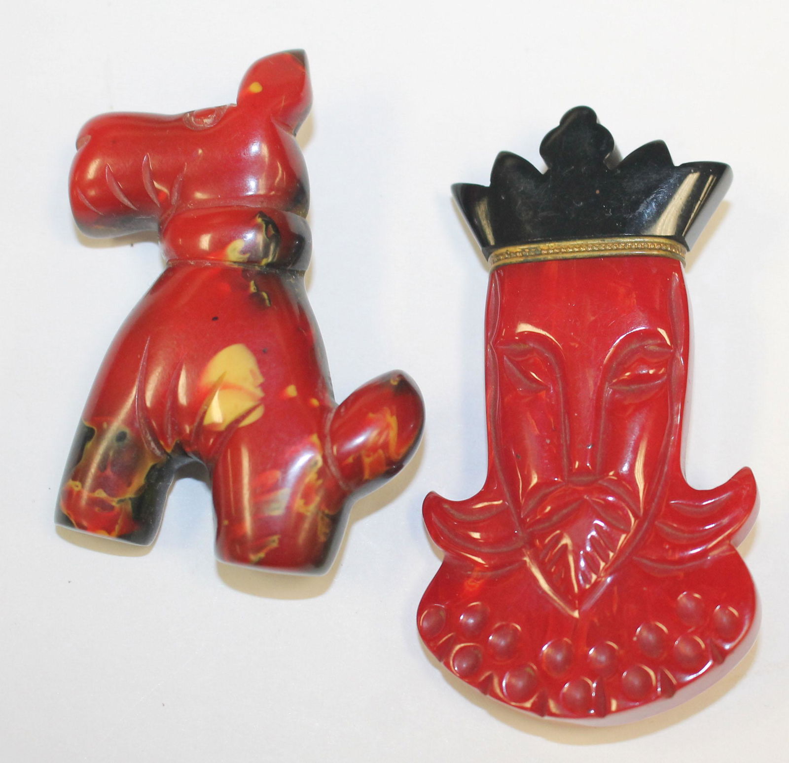 2 Vintage Bakelite red & ebony pins incl scotty dog - 2: 2 Vintage Bakelite red & ebony pins incl scotty dog - 2 1/4" & man w black hat 2 3/4"