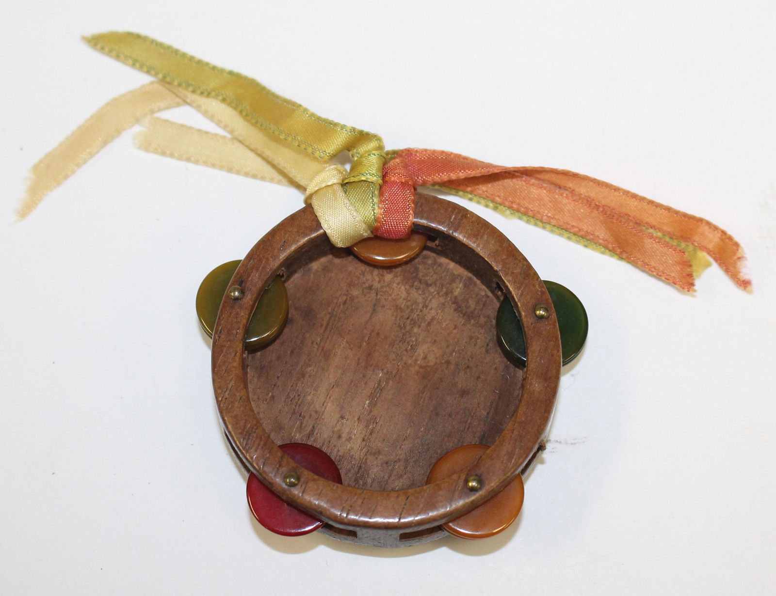 Vintage Bakelite & carved wood tambourine form pin - 2" (1 of 3)