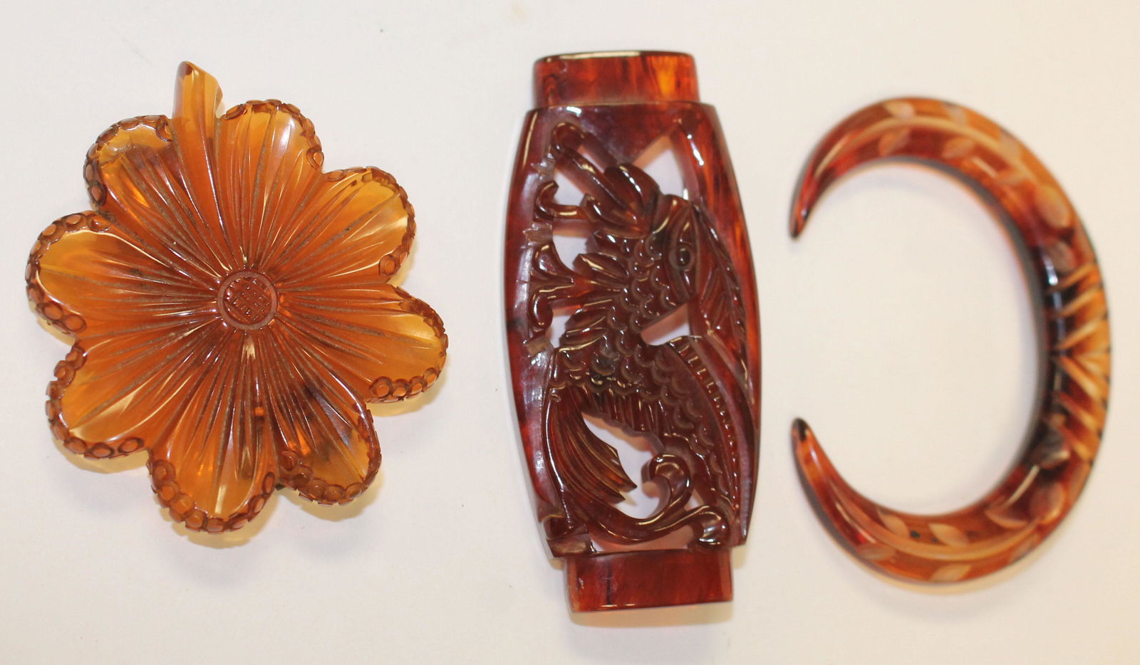 lot of 3 Vintage Bakelite translucent brown carved (1 of 5)