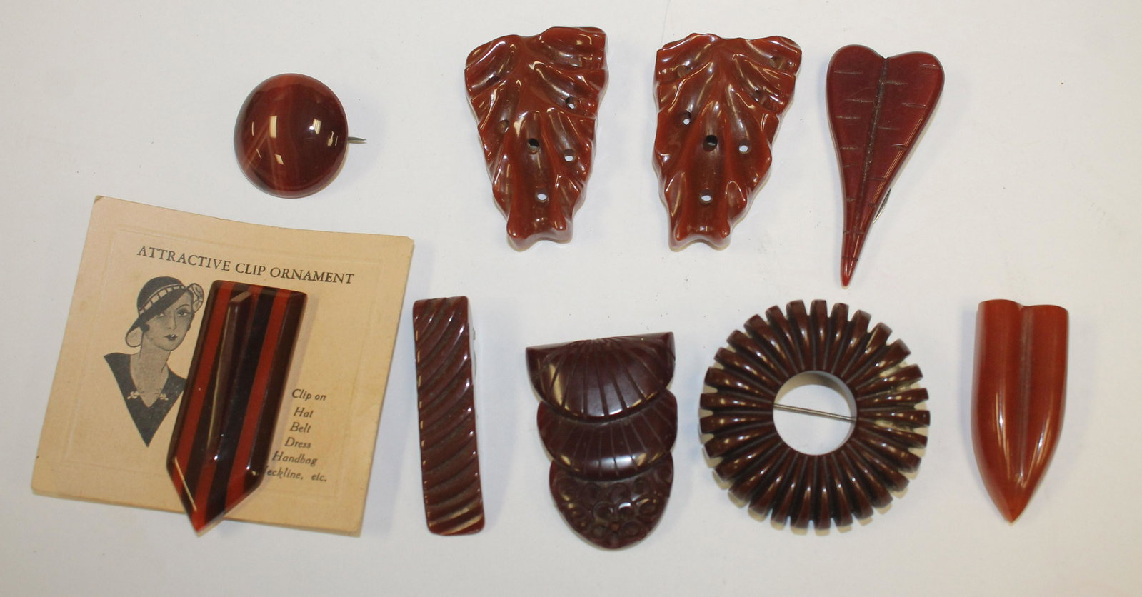 lot of 9 Vintage Bakelite brown clips & pins - 2" - 2: lot of 9 Vintage Bakelite brown clips & pins - 2" - 2 1/4"