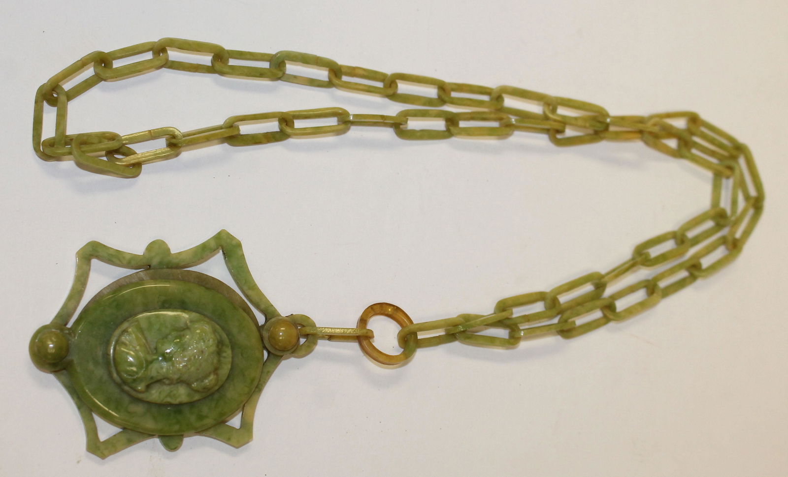 Vintage Bakelite green marble cameo necklace - 2 3/4" (1 of 3)