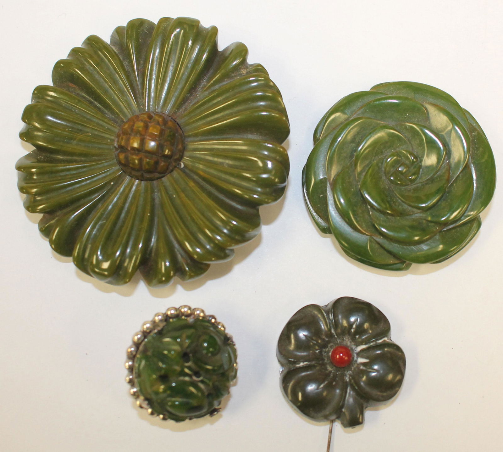 lot of 4 Vintage Bakelite marbled green carved floral (1 of 2)