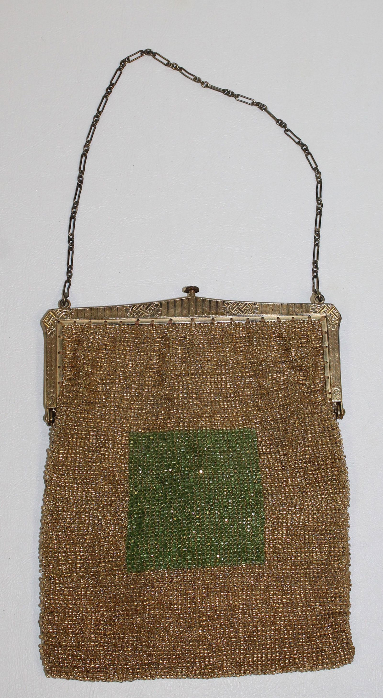 Vintage gold & green beaded/mesh purse w mirror inside (1 of 6)