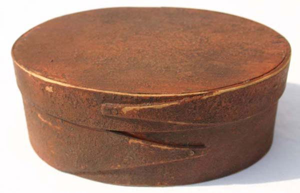 19th C 5 1/2" oval finger lapped pantry box in old: 19th C 5 1/2" oval finger lapped pantry box in old red paint - Harvard Shaker type