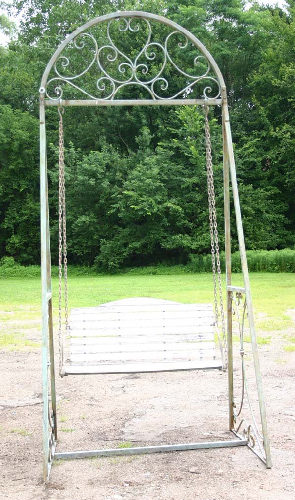 fine form wrought iron swing w wooden seat - 10' ta
