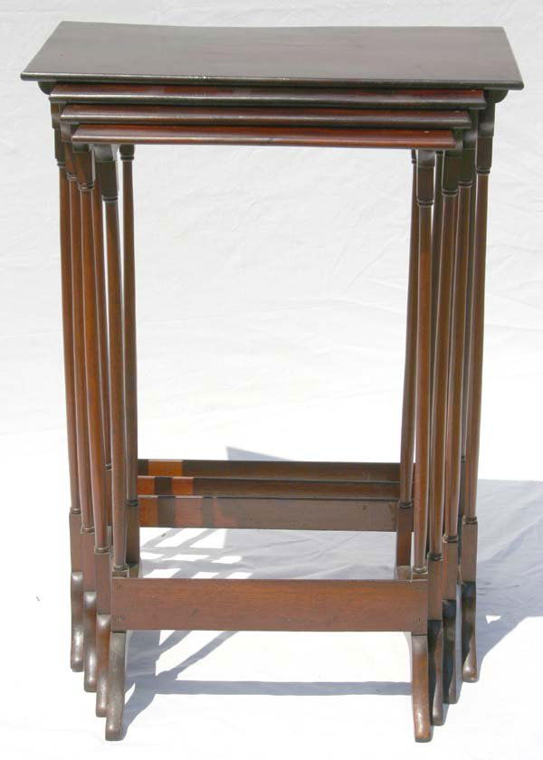 Fine & rare set of 4 period Duncan Phyfe & Sons sc: Fine & rare set of 4 period Duncan Phyfe & Sons school mahog nesting tables in nice old surface