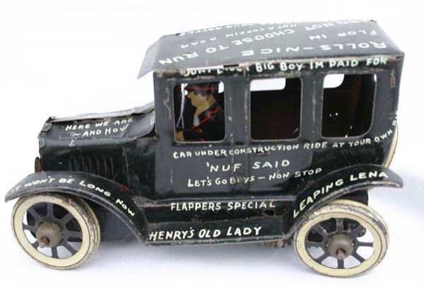 Marx "Leaping Lena" tin wind up car w driver - 7" l: Marx "Leaping Lena" tin wind up car w driver - 7" long