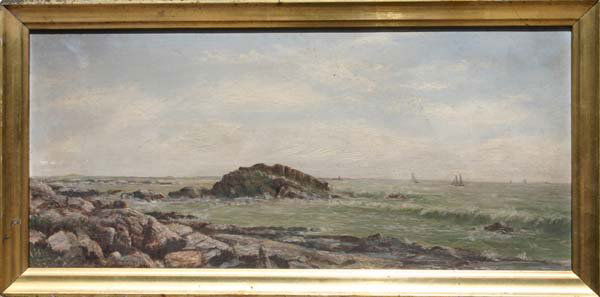 Clement Drew 8 1/2 x 18 1/2 o/panel seascap: Clement Drew 8 1/2 x 18 1/2 o/panel seascape off the coast of New England Unsigned as most Clement Drew's are.