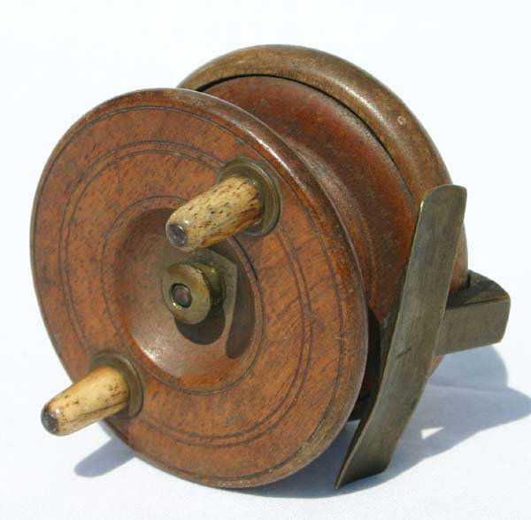 237 rare antique wooden fishing reel w bone & brass ha