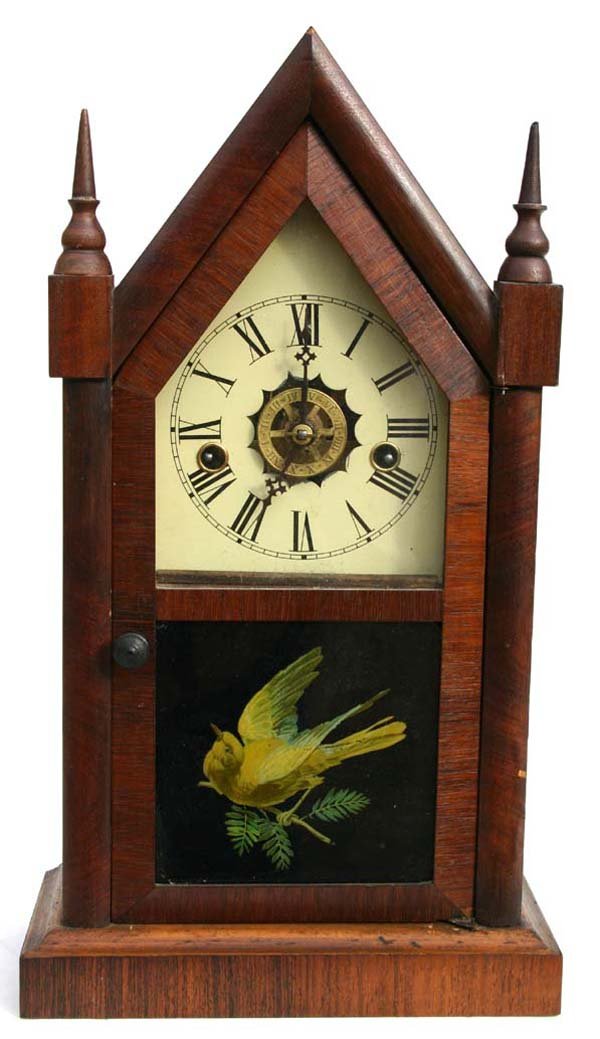 antique Waterbury steeple clock w alarm & bird de
