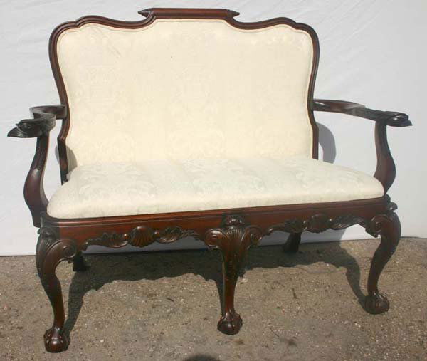 Fancy pr of Chippendale/Federal style mahog ball: Fancy pr of Chippendale/Federal style mahog ball & claw ft settees w eagle carved arms, slip seats & high backs