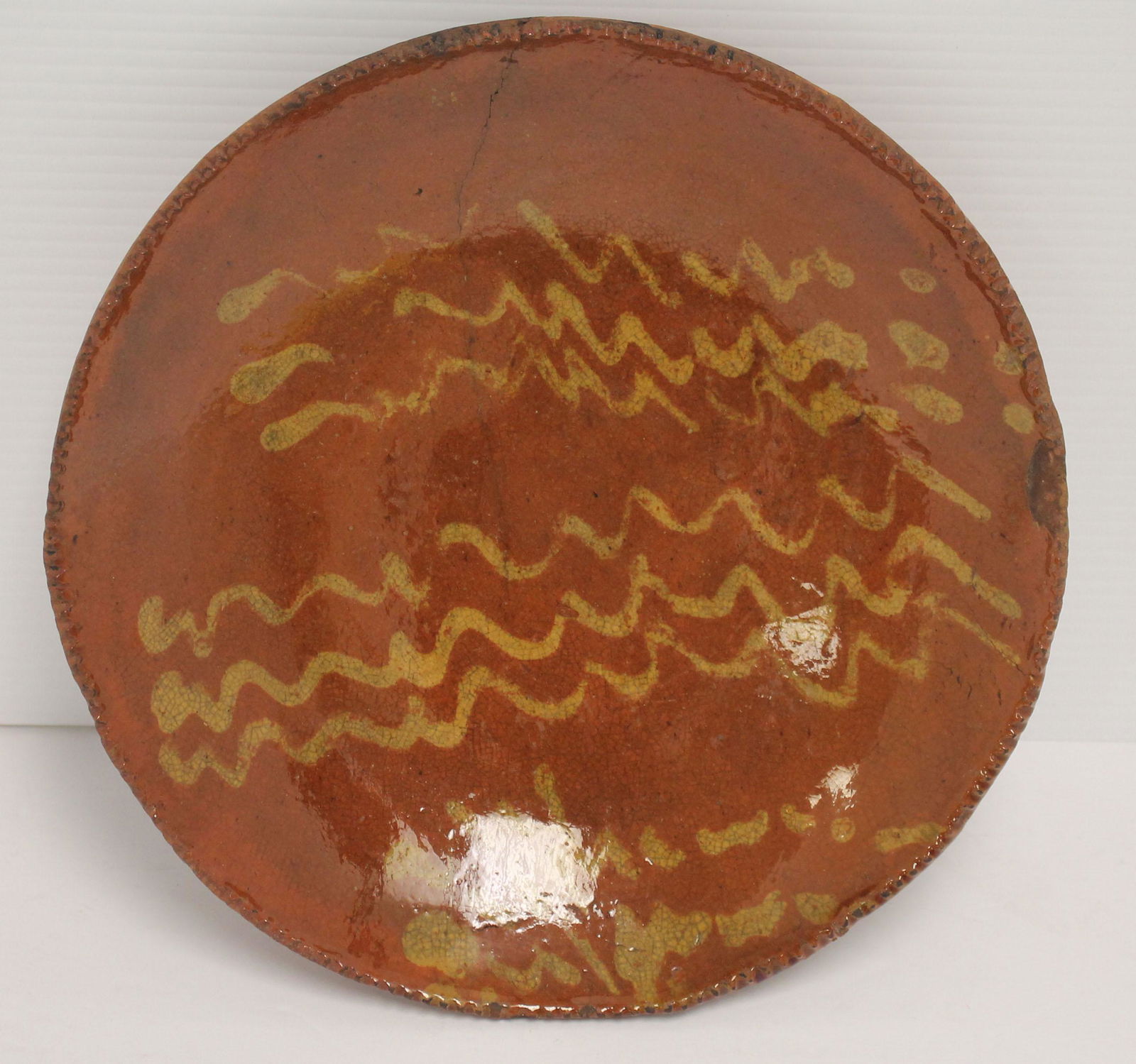 Antique Redware slip dec plate - 9 3/4" diam: Antique Redware slip dec plate - 9 3/4" diam