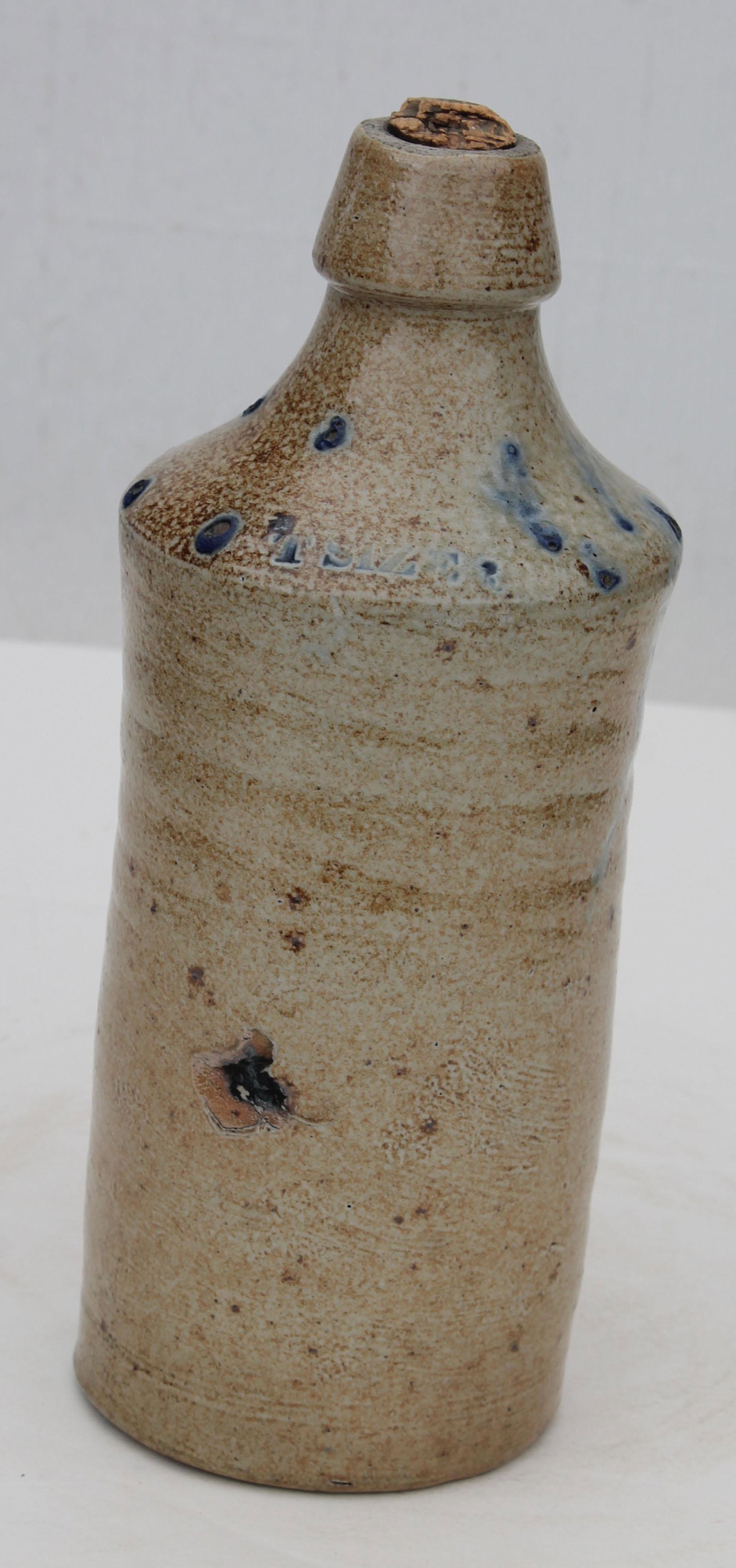 19thC stoneware beer bottle w cobalt polka dot dec -: 19thC stoneware beer bottle w cobalt polka dot dec - marked - 10" tall