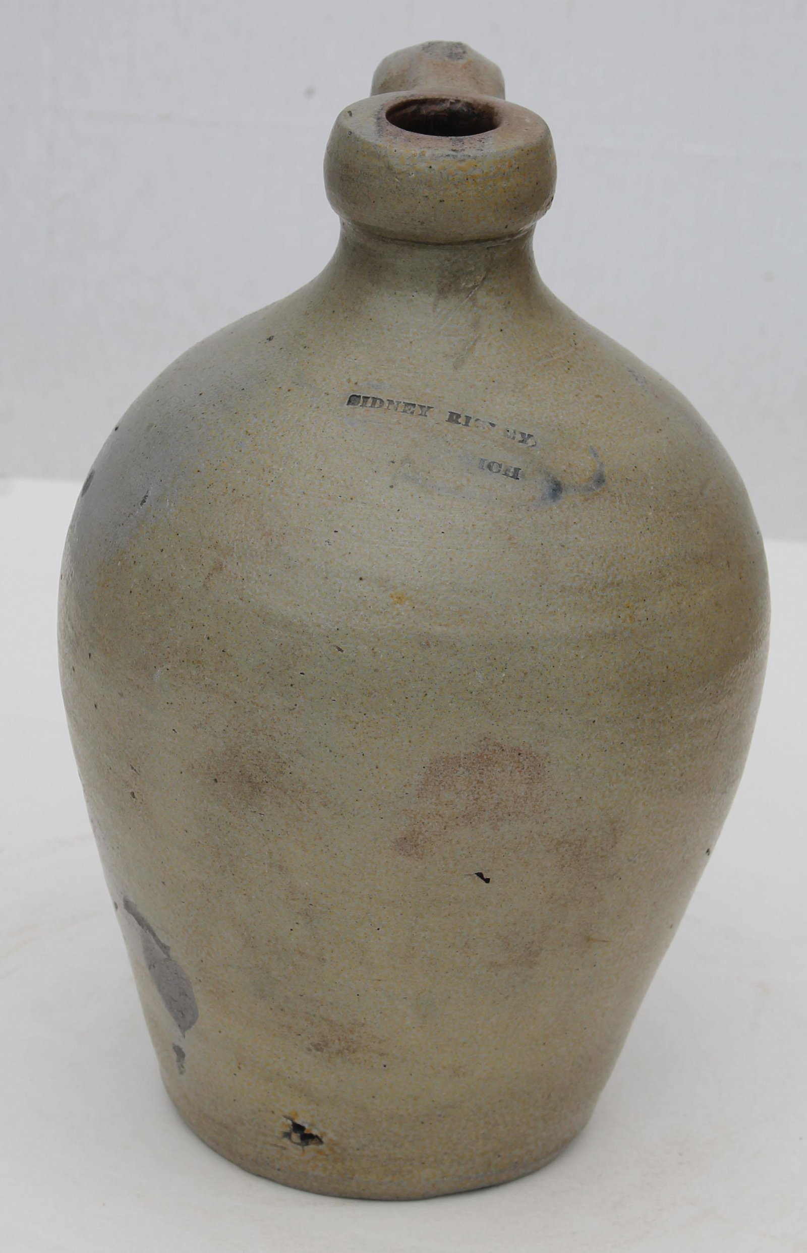 19thC Sidney Risley Norwich (CT) stoneware ovoid jug -: 19thC Sidney Risley Norwich (CT) stoneware ovoid jug - stonebreaks on the front - 9" tall