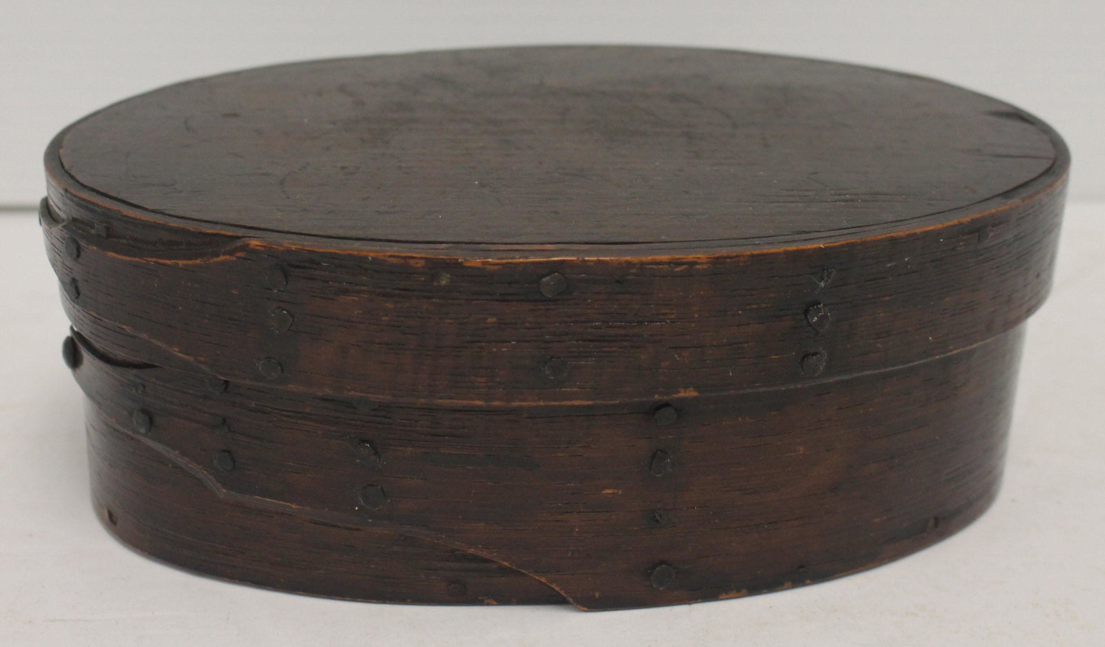 18thC oval pantry box w elongated fingers in old: 18thC oval pantry box w elongated fingers in old surface - 8"