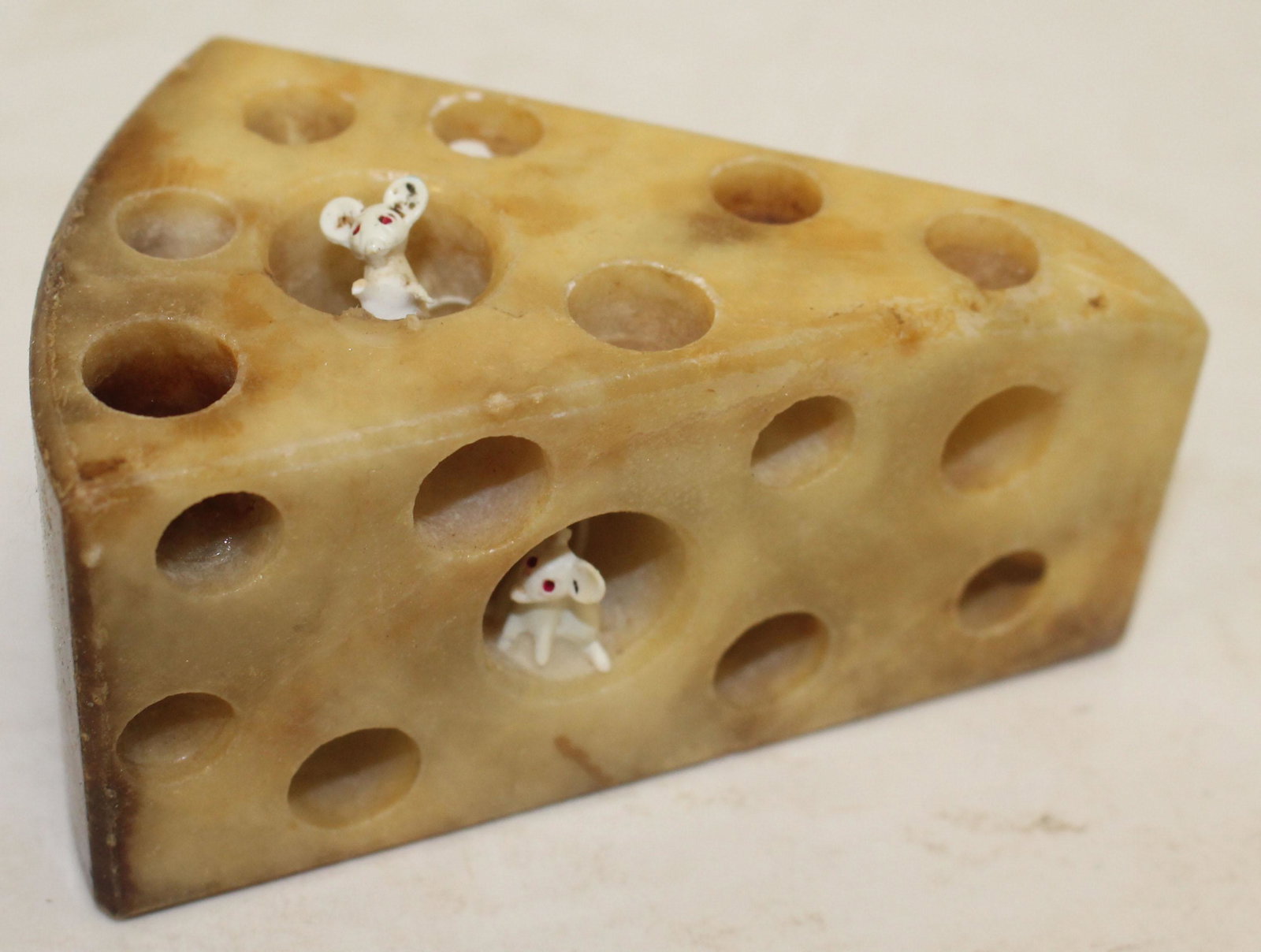 Antique marble swiss cheese paperweight w 2 mice: Antique marble swiss cheese paperweight w 2 mice peeking out of the holes - 4" long x 2" tall