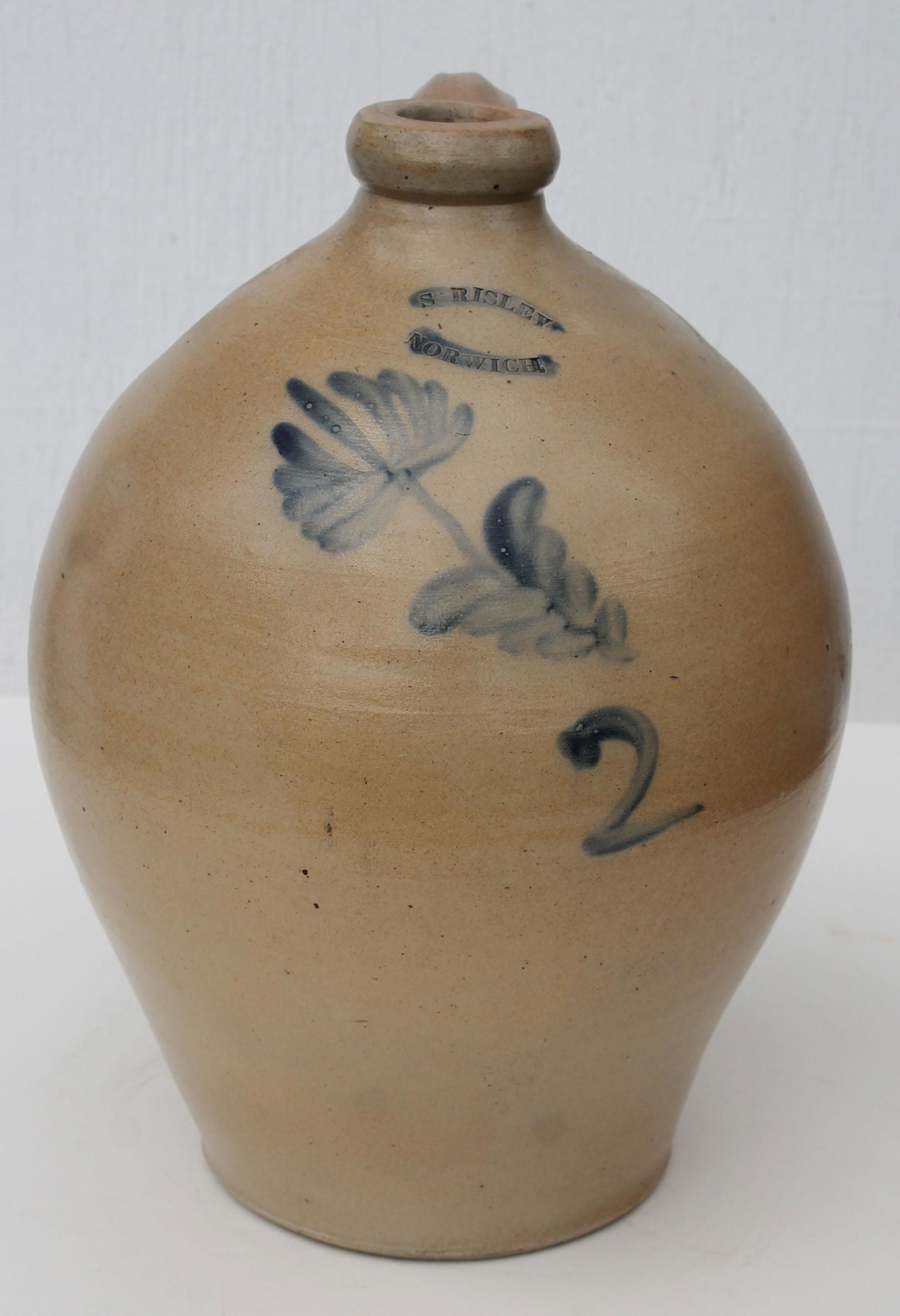 Antique Sidney Risley stoneware ovoid jug w cobalt: Antique Sidney Risley stoneware ovoid jug w cobalt floral dec -