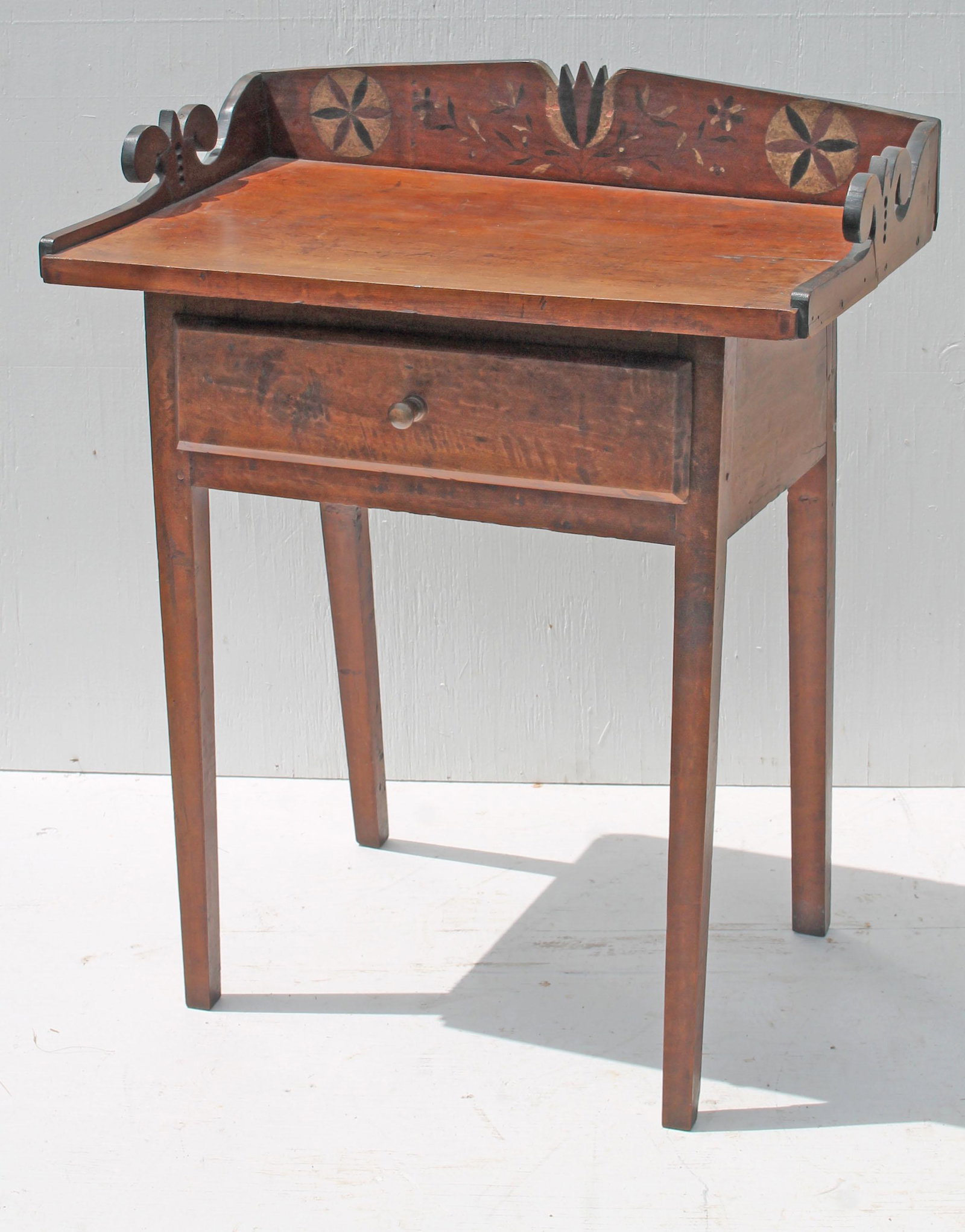 18thC PA Dutch 1 drawer walnut work table - as found -: 18thC PA Dutch 1 drawer walnut work table - as found - w fantastic tulip & pinwheel dec - 30" tall (top of splash) x 24 1/2" wide