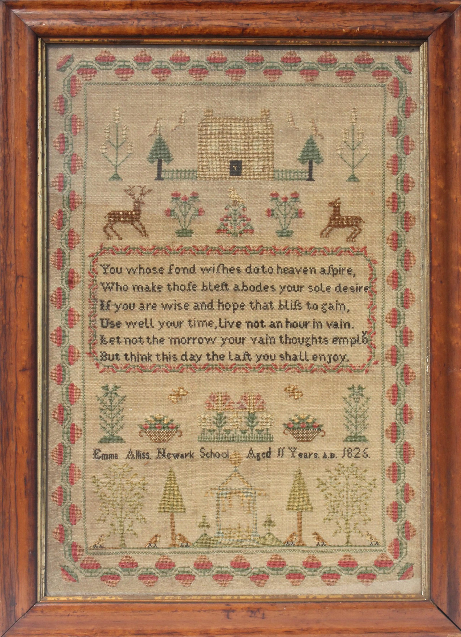 19thC American sampler by Emma Ellis Newark, NJ aged 11: 19thC American sampler by Emma Ellis Newark, NJ aged 11 - 1825 - 20"x14"