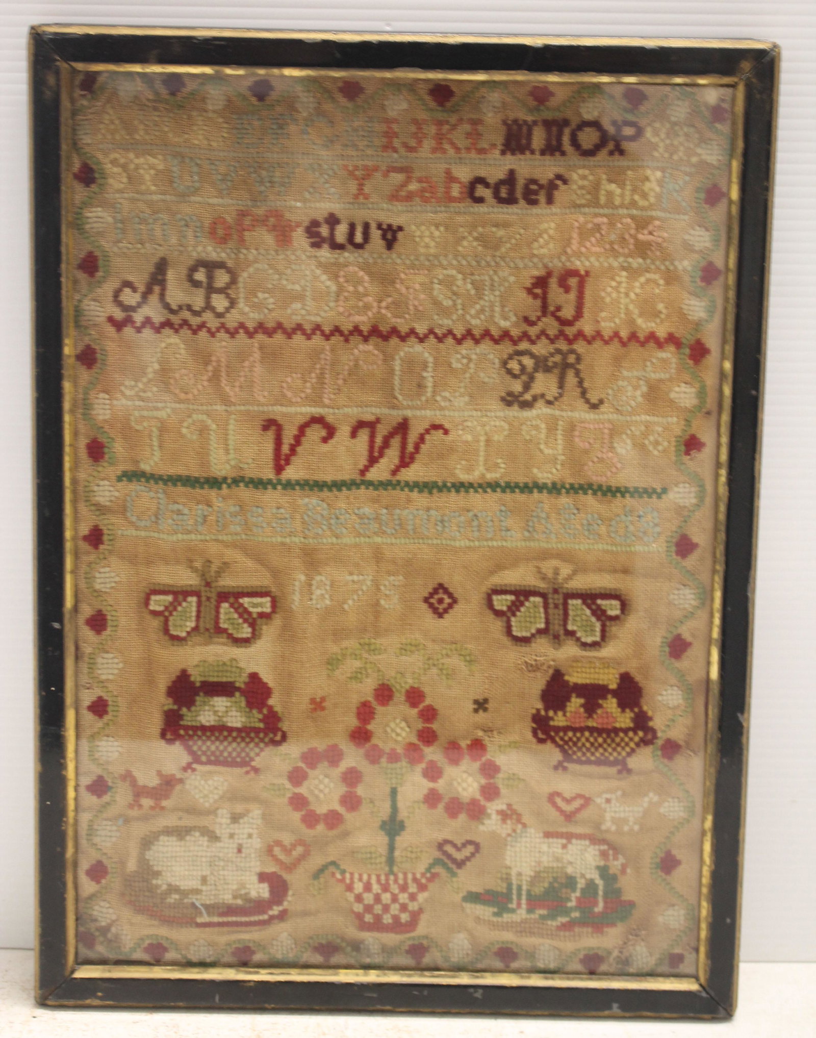 19thC American sampler by Clarissa Beaumont aged 8 -: 19thC American sampler by Clarissa Beaumont aged 8 - 1875 - 17 1/2" x 12 1/2"