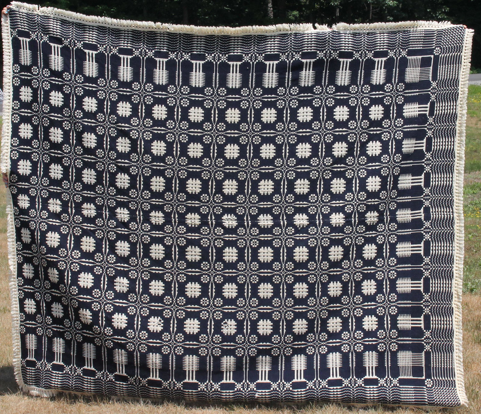 Antique blue & white coverlet - edge repairs & replaced: Antique blue & white coverlet - edge repairs & replaced fringe - 74"x90"