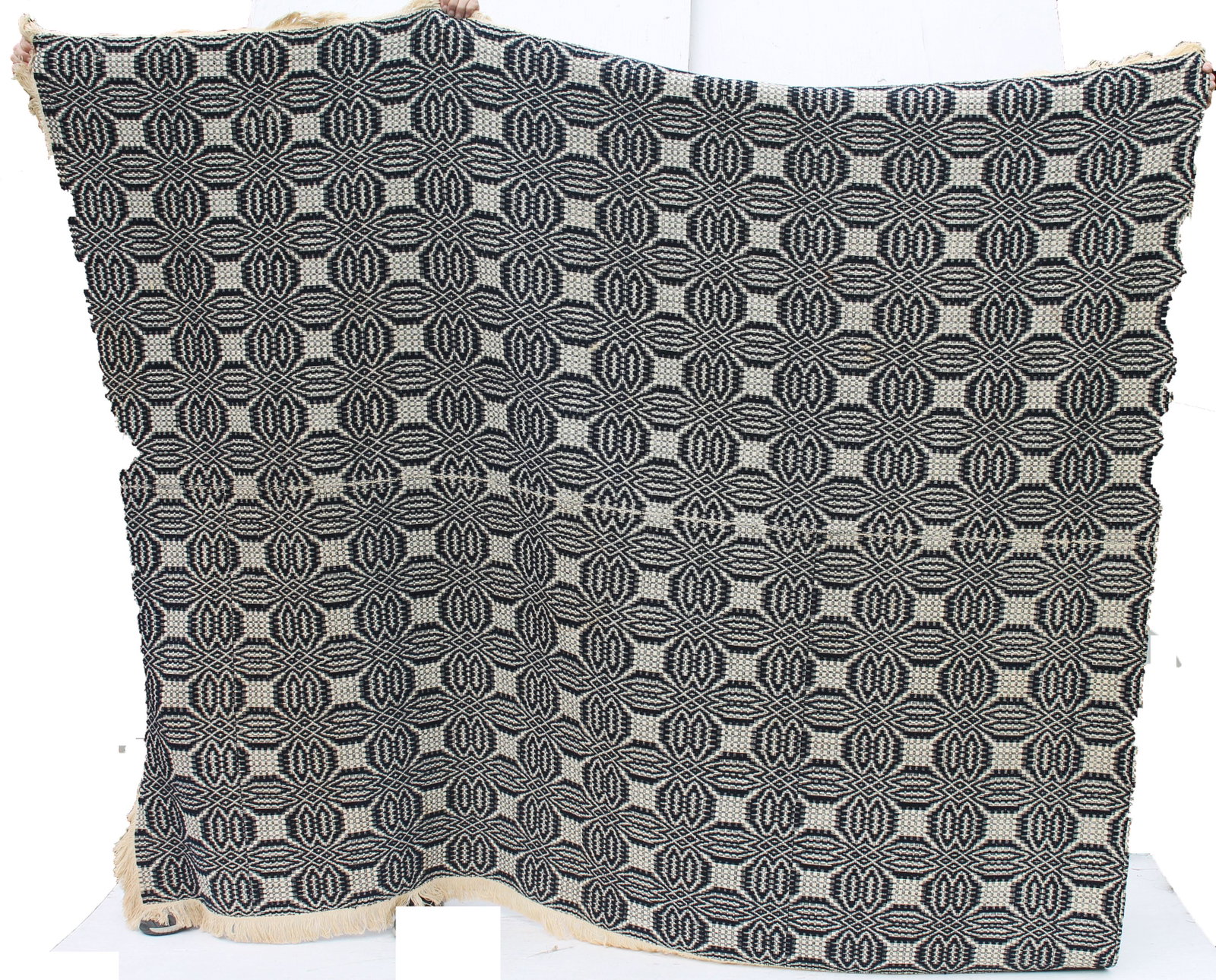 Antique blue & white coverlet w applied fringe - approx: Antique blue & white coverlet w applied fringe - approx 87"x70"