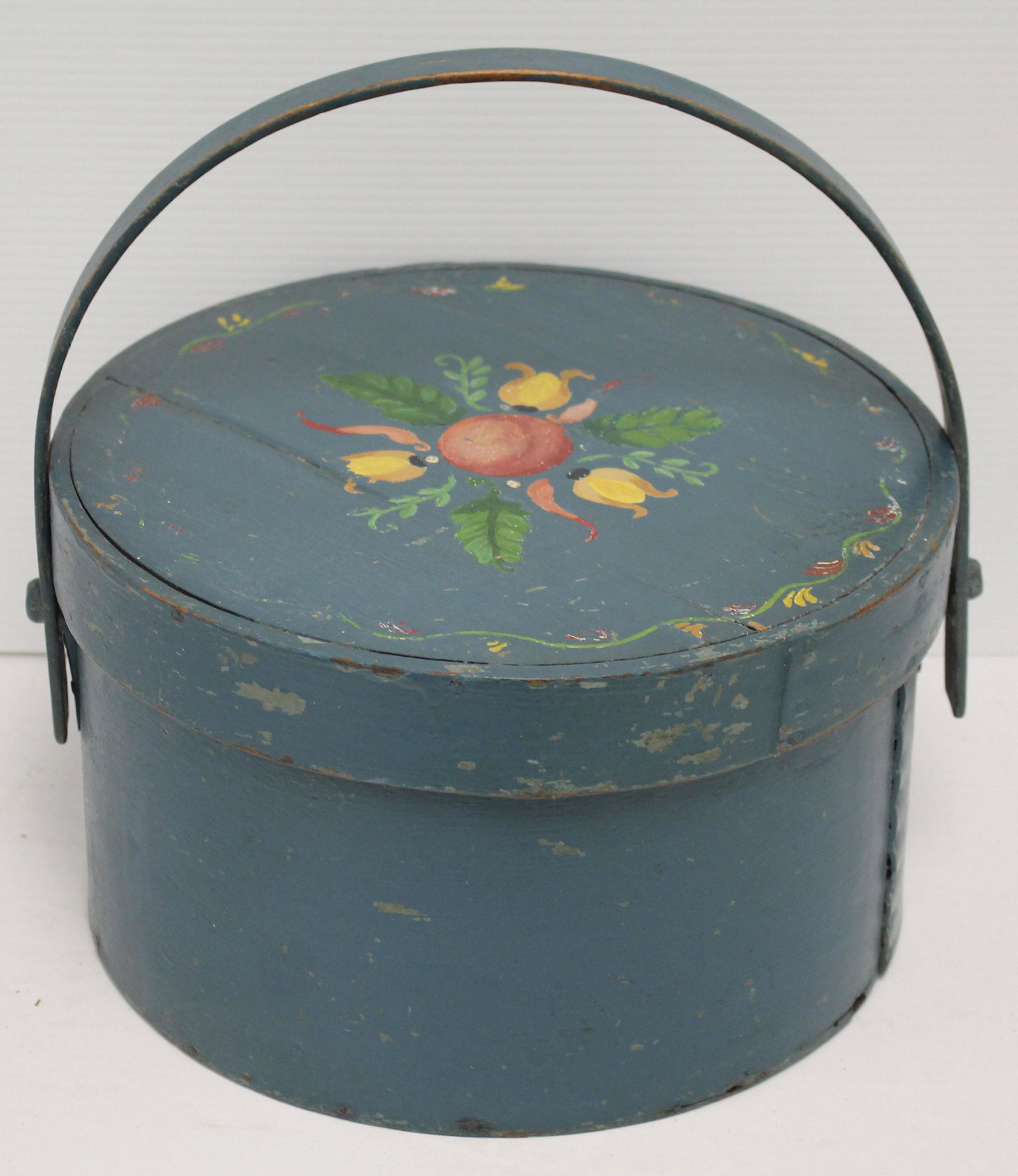 Antique bail handled pantry box in later paint dec - 7": Antique bail handled pantry box in later paint dec - 7" tall (not incl handle) x 12" diam