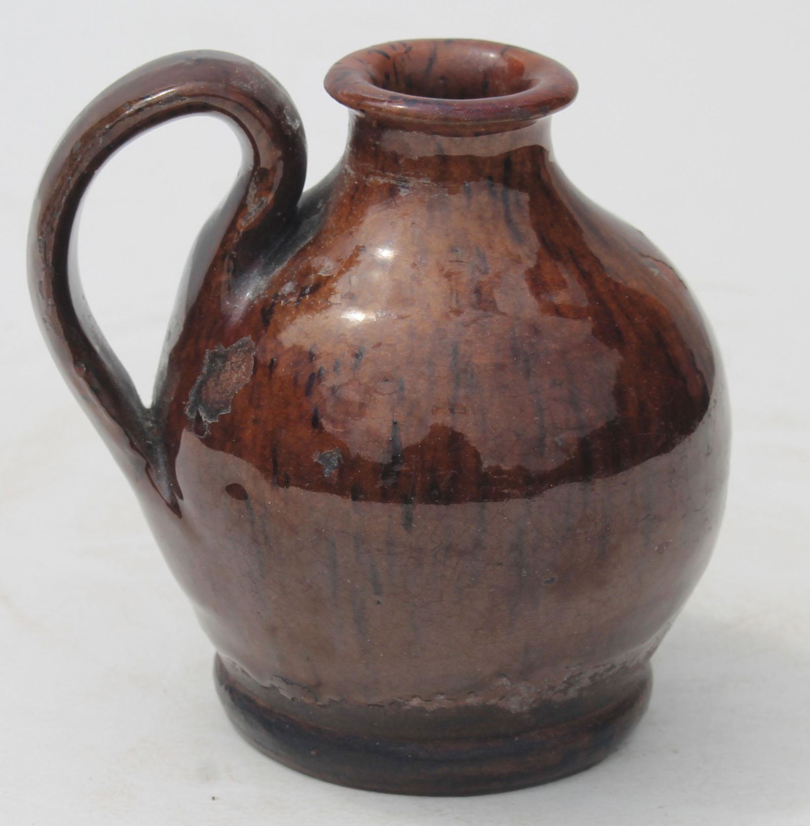 Antique redware miniature jug - as found - lip: Antique redware miniature jug - as found - lip restoration - 3 1/2" tall