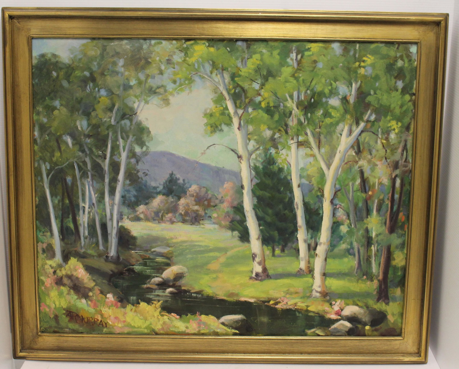 Antoinette R Murray 24"x30" o/c titled "Tranquility" -: Antoinette R Murray 24"x30" o/c titled "Tranquility" - landscape w brook & birch trees