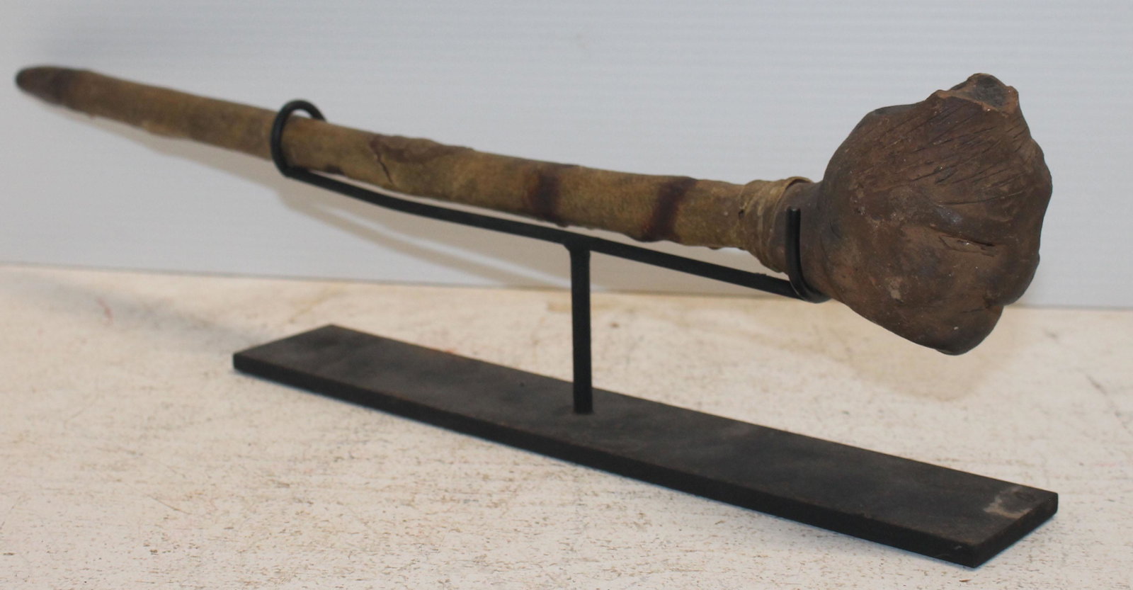 19thC Northeast Native American clay, wood & hide pipe: 19thC Northeast Native American clay, wood & hide pipe - 19 1/2" long - as found