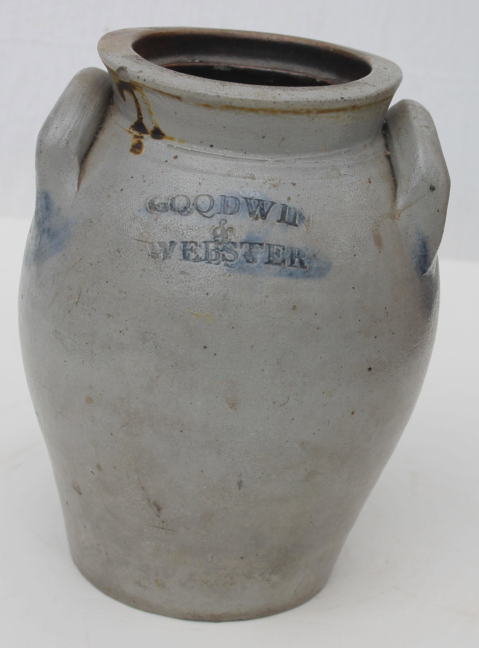 19thC Goodwin & Webster stoneware small ovoid jar w: 19thC Goodwin & Webster stoneware small ovoid jar w cobalt dec on handles - small rim chip - 8 1/4" tall