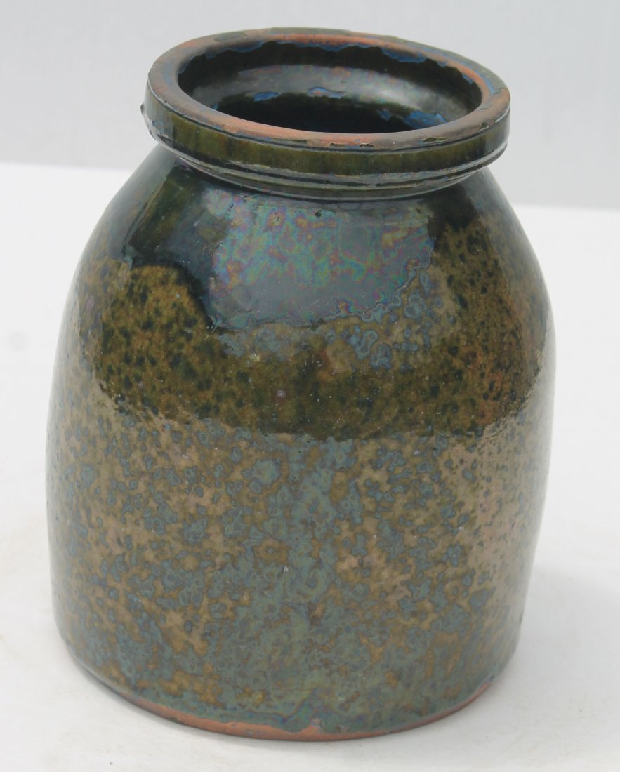 19thC redware storage jar w green glaze - traces of: 19thC redware storage jar w green glaze - traces of blue paint - 6 1/2" tall