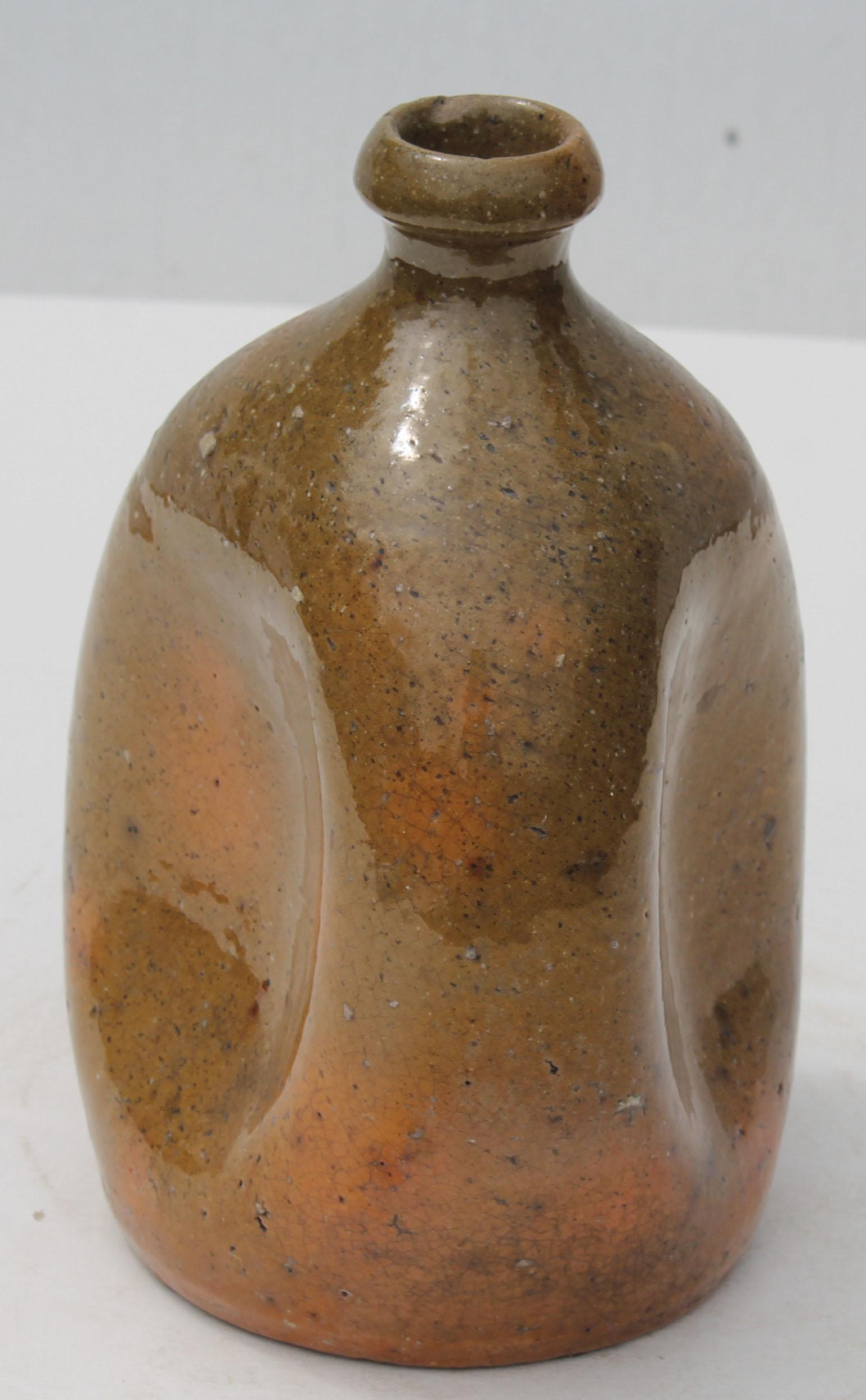 19thC redware pinched jug in yellow & green - 7 1/2": 19thC redware pinched jug in yellow & green - 7 1/2" tall