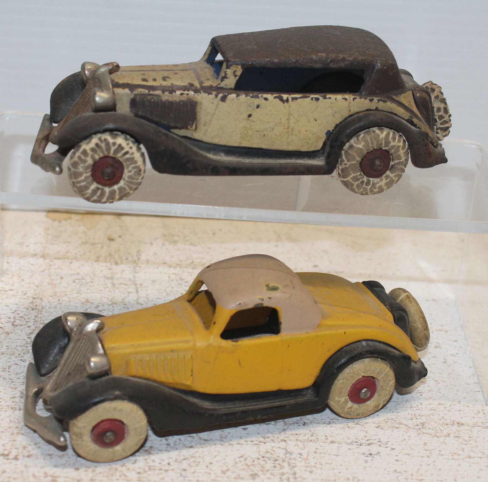 2 antique cast iron cars w rubber wheels & chrome: 2 antique cast iron cars w rubber wheels & chrome fenders - 6" long - as is