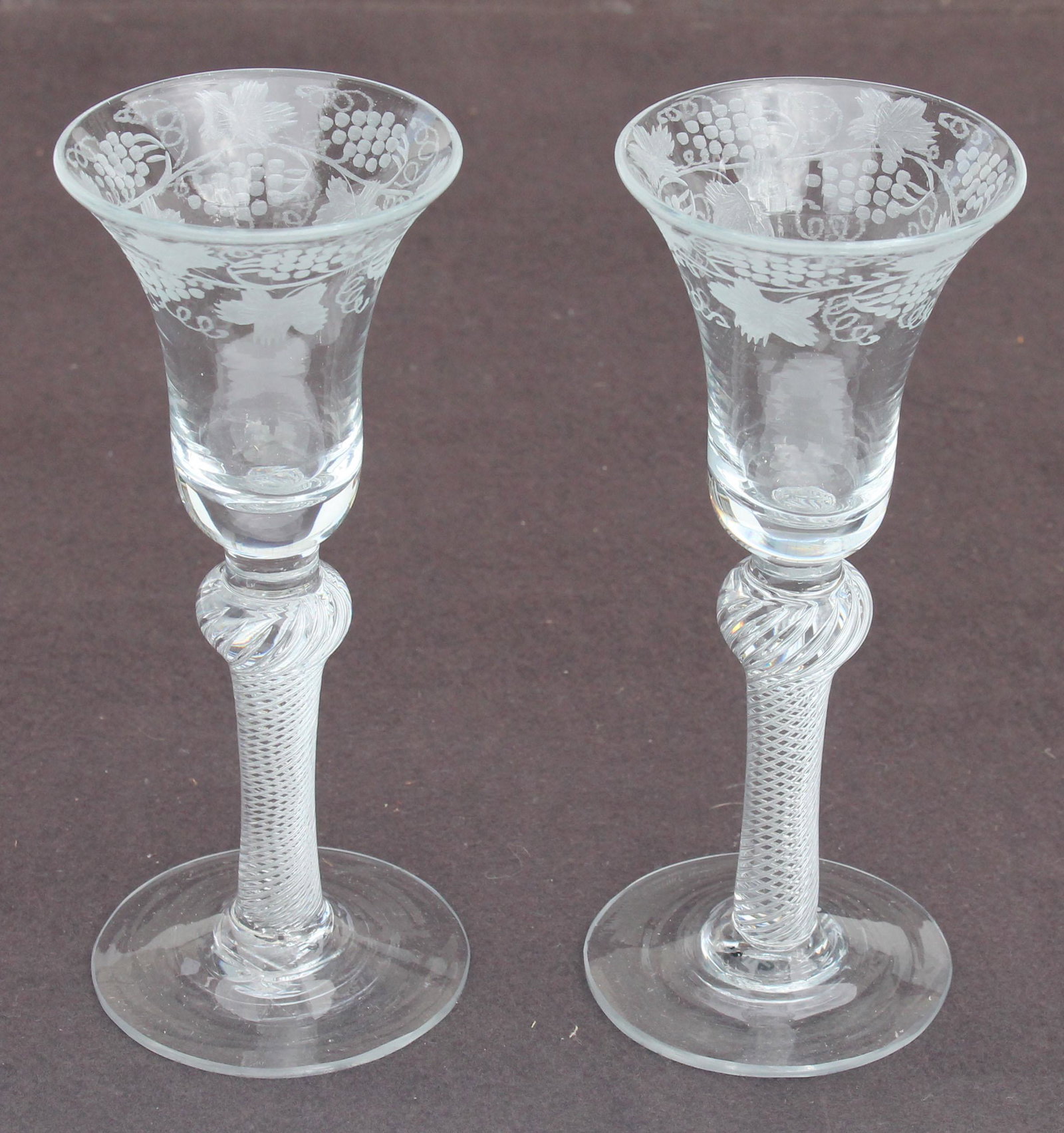 pr of antique English etched wine glasses: pr of antique English etched wine glasses6 1/2" tall