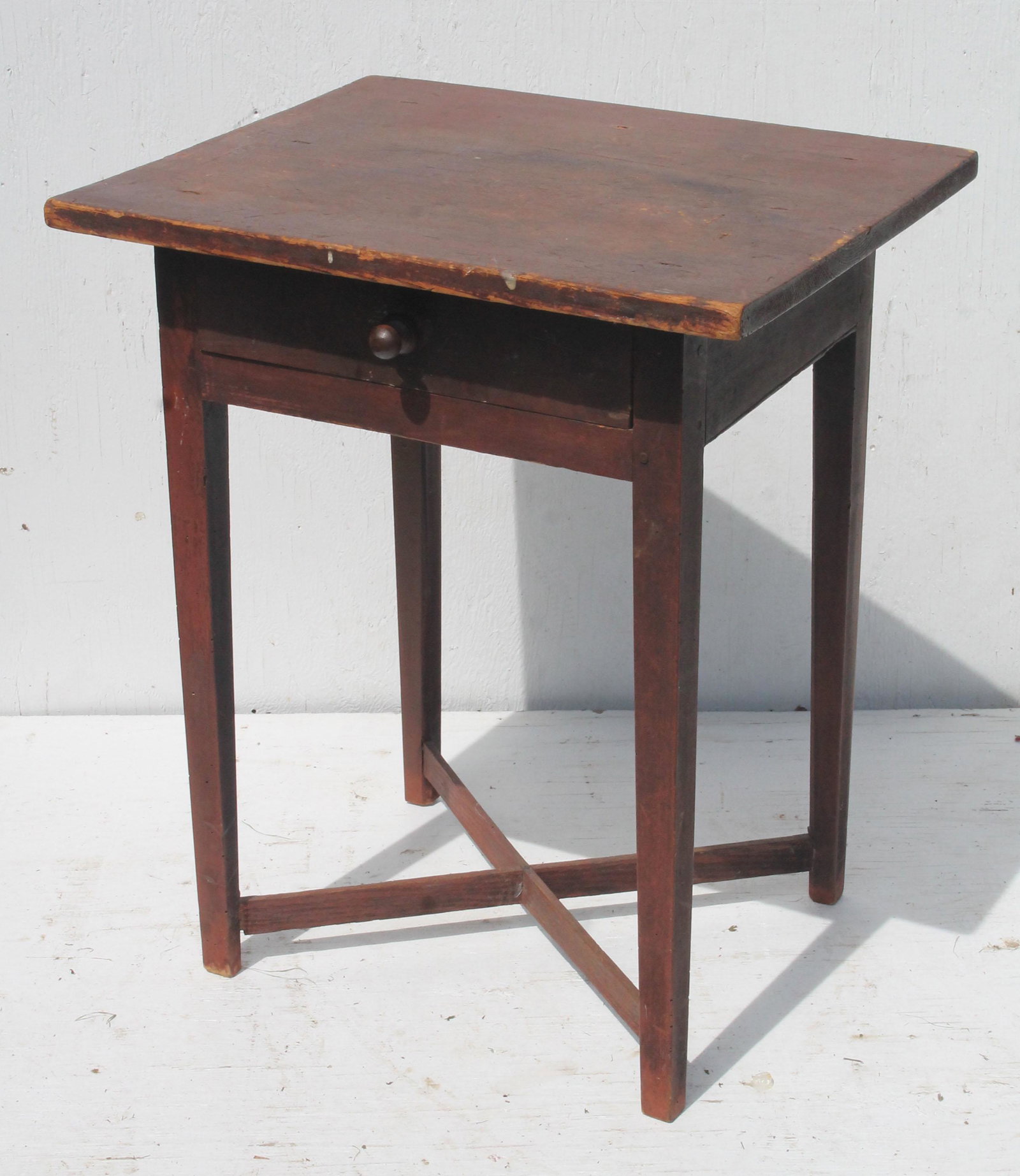 Hepplewhite 1 drawer work stand in old red paint w: Hepplewhite 1 drawer work stand in old red paint w cross stretcher base - 26" tall w 21 1/2"x18" top