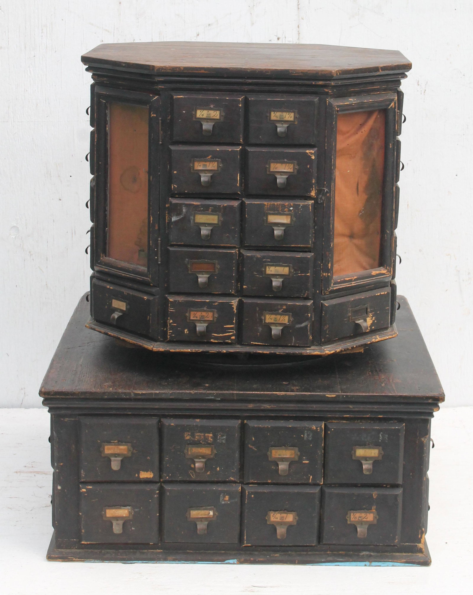 Antique country store multi drawer cabinet w revolving: Antique country store multi drawer cabinet w revolving display in old black paint - 39 1/2" tall x 31 1/2" x 31 1/2" base