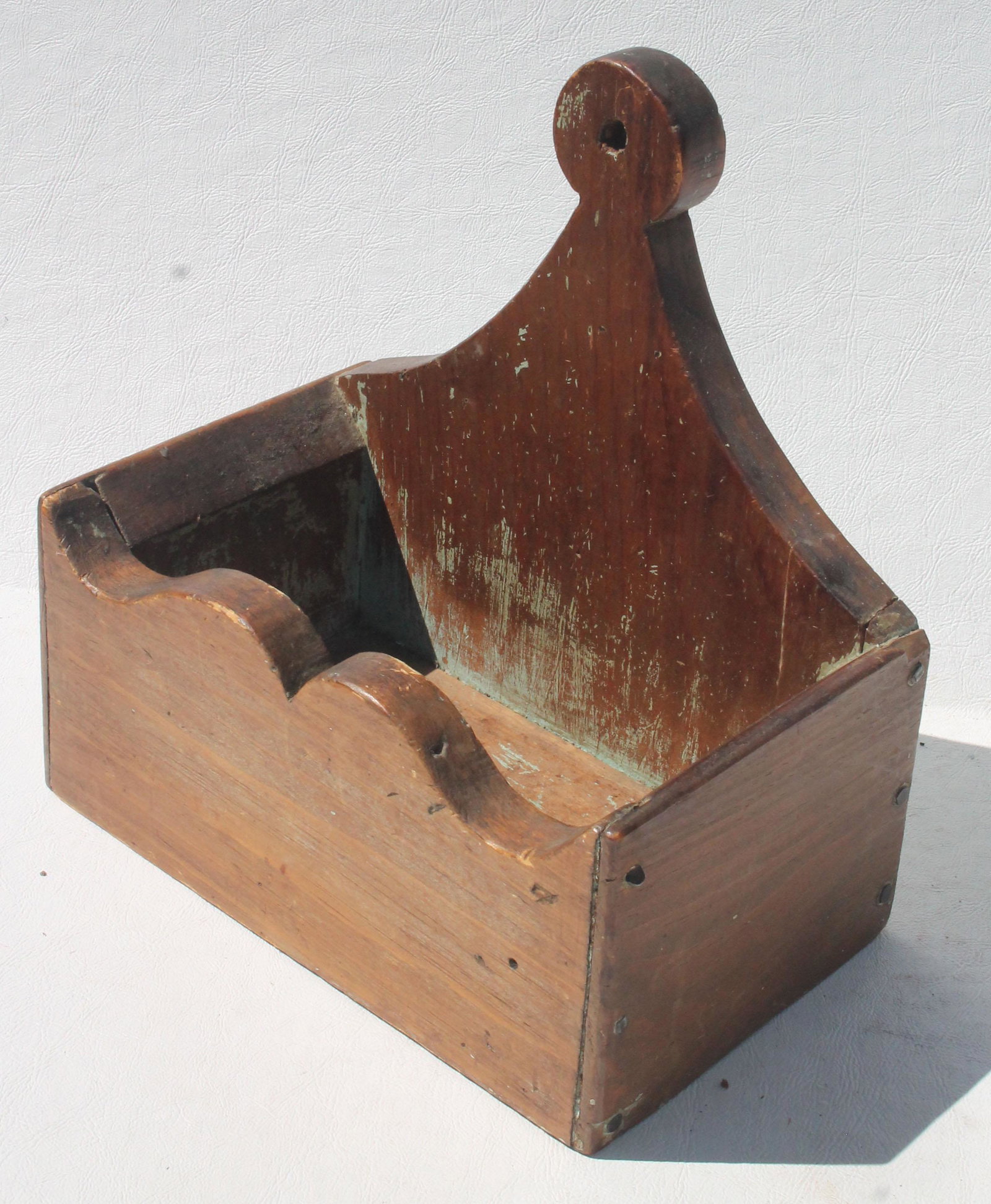 Antique wall box w shaped front in traces of green: Antique wall box w shaped front in traces of green paint - 8 1/2" wide x 9" tall x 5 1/4" deep