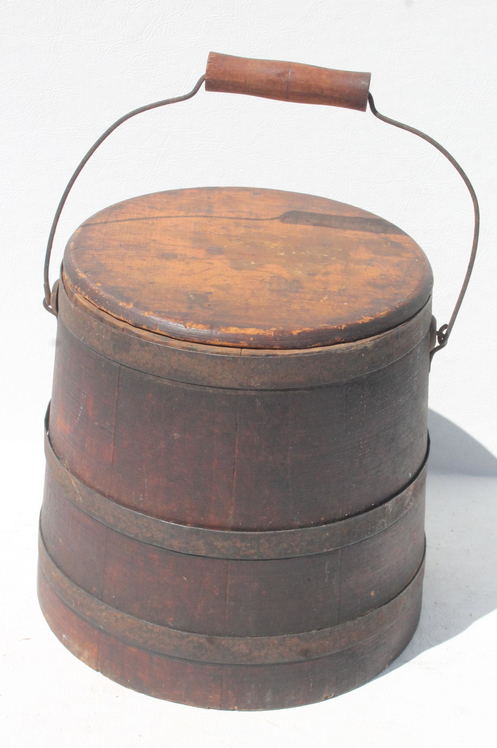 small firkin bucket w bail handle & iron bands - 6 1/2": small firkin bucket w bail handle & iron bands - 6 1/2" tall