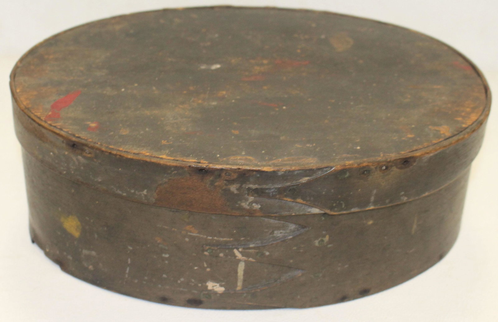 Antique Shaker oval 4 fingered pantry box in old brown: Antique Shaker oval 4 fingered pantry box in old brown paint surface - 10 1/2"x7 1/2"x4" tall
