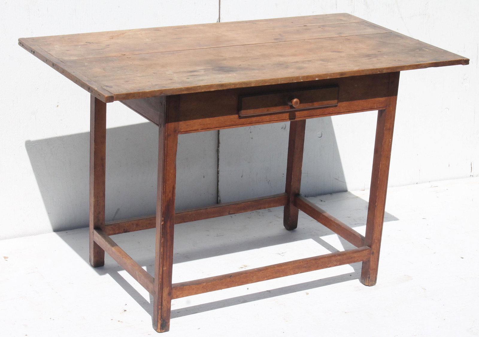19thC 1 drawer stretcher based work table w breadboard: 19thC 1 drawer stretcher based work table w breadboard ends - 28" tall - 44 1/4"x24" top