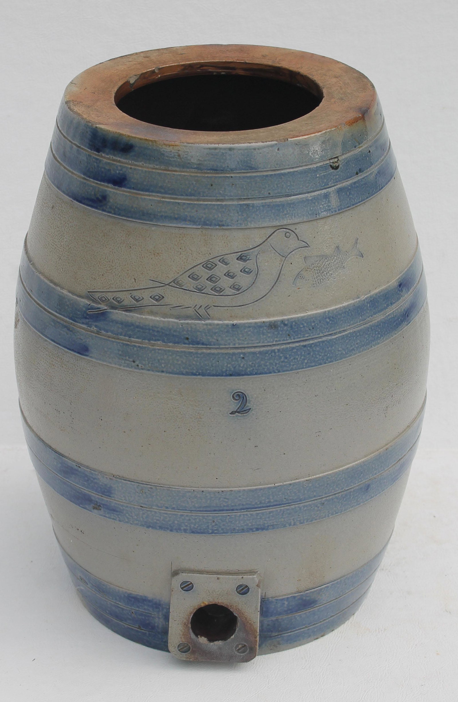 19thC stoneware 2 gal cooler w cobalt dec & stamped: 19thC stoneware 2 gal cooler w cobalt dec & stamped bird & fish dec - 11 1/2" tall