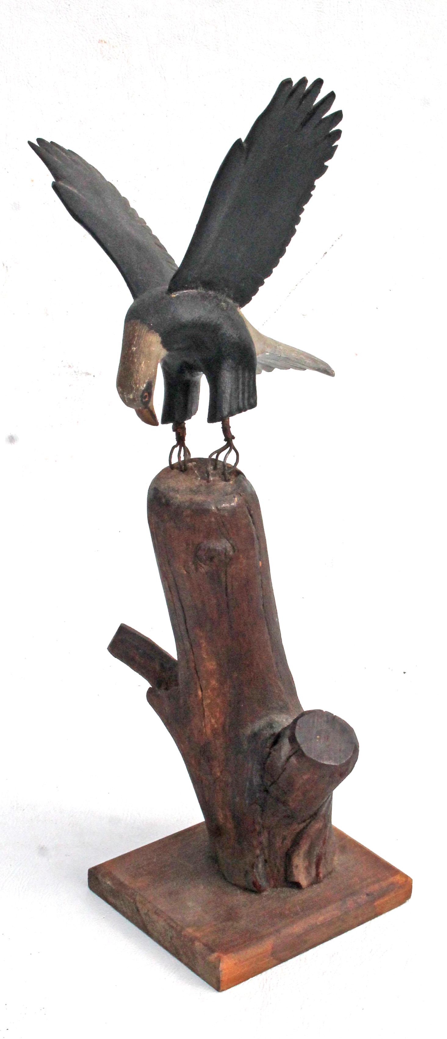 Great antique carved & painted eagle w spread wings: Great antique carved & painted eagle w spread wings landing on a stump - overall height 13"
