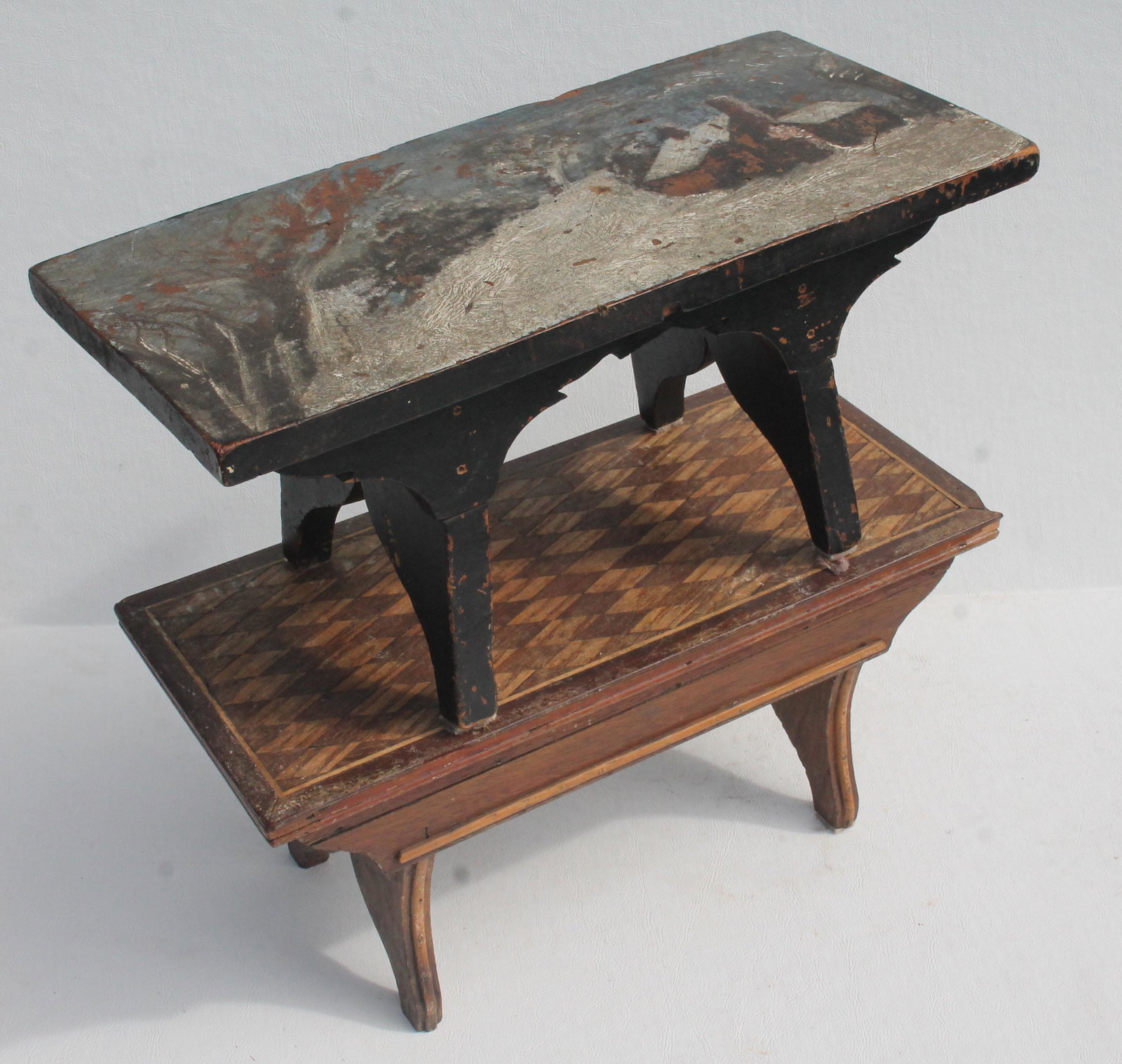 lot of 4 antique cricket stools incl 1 w inlaid top & 1: lot of 4 antique cricket stools incl 1 w inlaid top & 1 in black paint w scenic painted dec